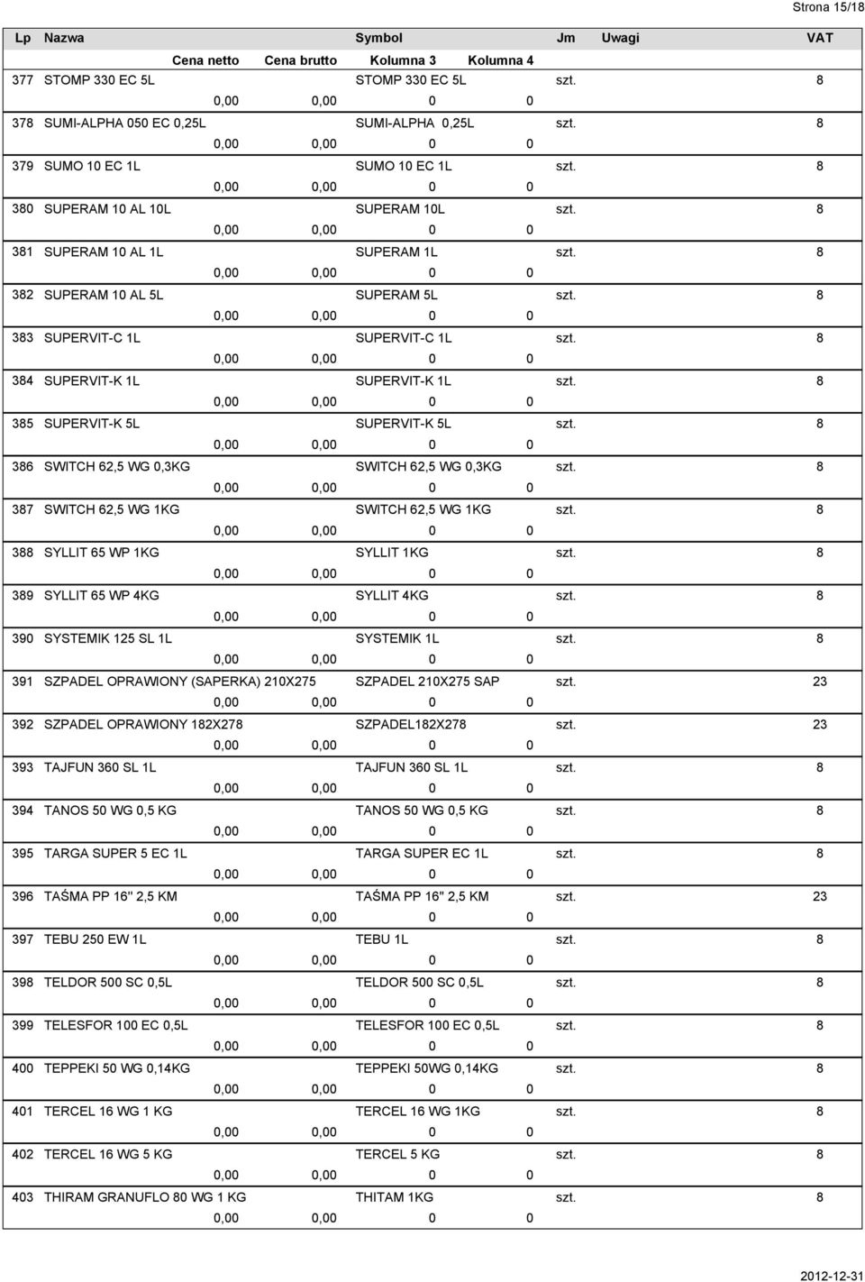 36 SL 1L TANOS 5 WG,5 KG TARGA SUPER 5 EC 1L TAŚMA PP 16'' 2,5 KM TEBU 25 EW 1L TELDOR 5 SC,5L TELESFOR 1 EC,5L TEPPEKI 5 WG,14KG TERCEL 16 WG 1 KG TERCEL 16 WG 5 KG THIRAM GRANUFLO WG 1 KG STOMP 33