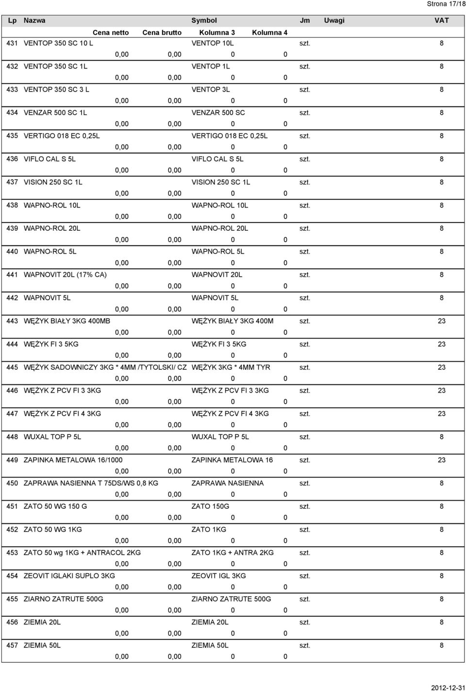 WĘŻYK Z PCV FI 4 3KG WUXAL TOP P 5L ZAPINKA METALOWA 16/1 ZAPRAWA NASIENNA T 75DS/WS, KG ZATO 5 WG 15 G ZATO 5 WG 1KG ZATO 5 wg 1KG + ANTRACOL 2KG ZEOVIT IGLAKI SUPLO 3KG ZIARNO ZATRUTE 5G ZIEMIA 2L