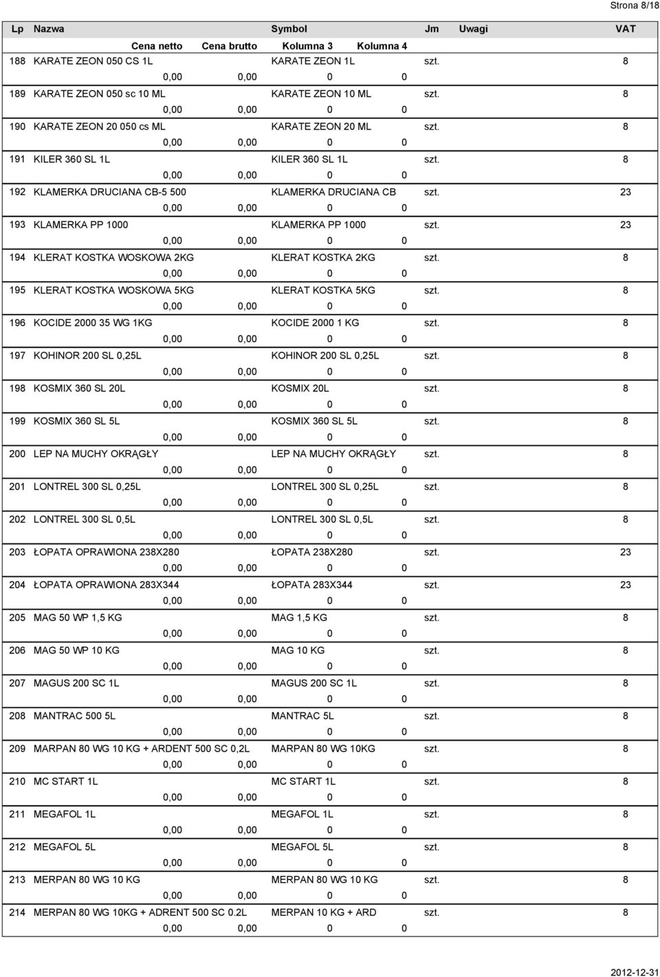 ŁOPATA OPRAWIONA X344 MAG 5 WP 1,5 KG MAG 5 WP 1 KG MAGUS 2 SC 1L MANTRAC 5 5L MARPAN WG 1 KG + ARDENT 5 SC,2L MC START 1L MEGAFOL 1L MEGAFOL 5L MERPAN WG 1 KG MERPAN WG 1KG + ADRENT 5 SC.