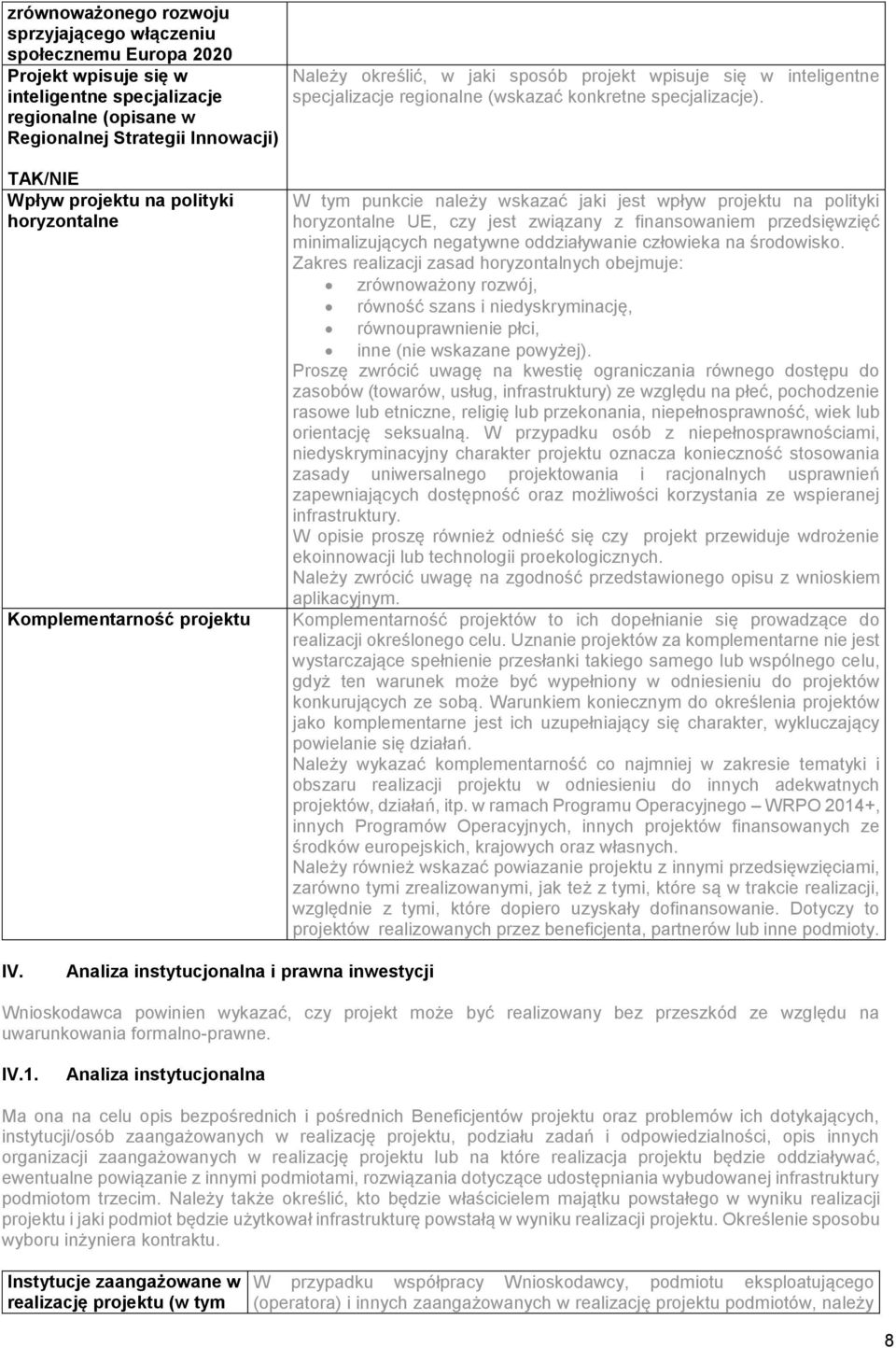 TAK/NIE Wpływ projektu na polityki horyzontalne Komplementarność projektu W tym punkcie należy wskazać jaki jest wpływ projektu na polityki horyzontalne UE, czy jest związany z finansowaniem