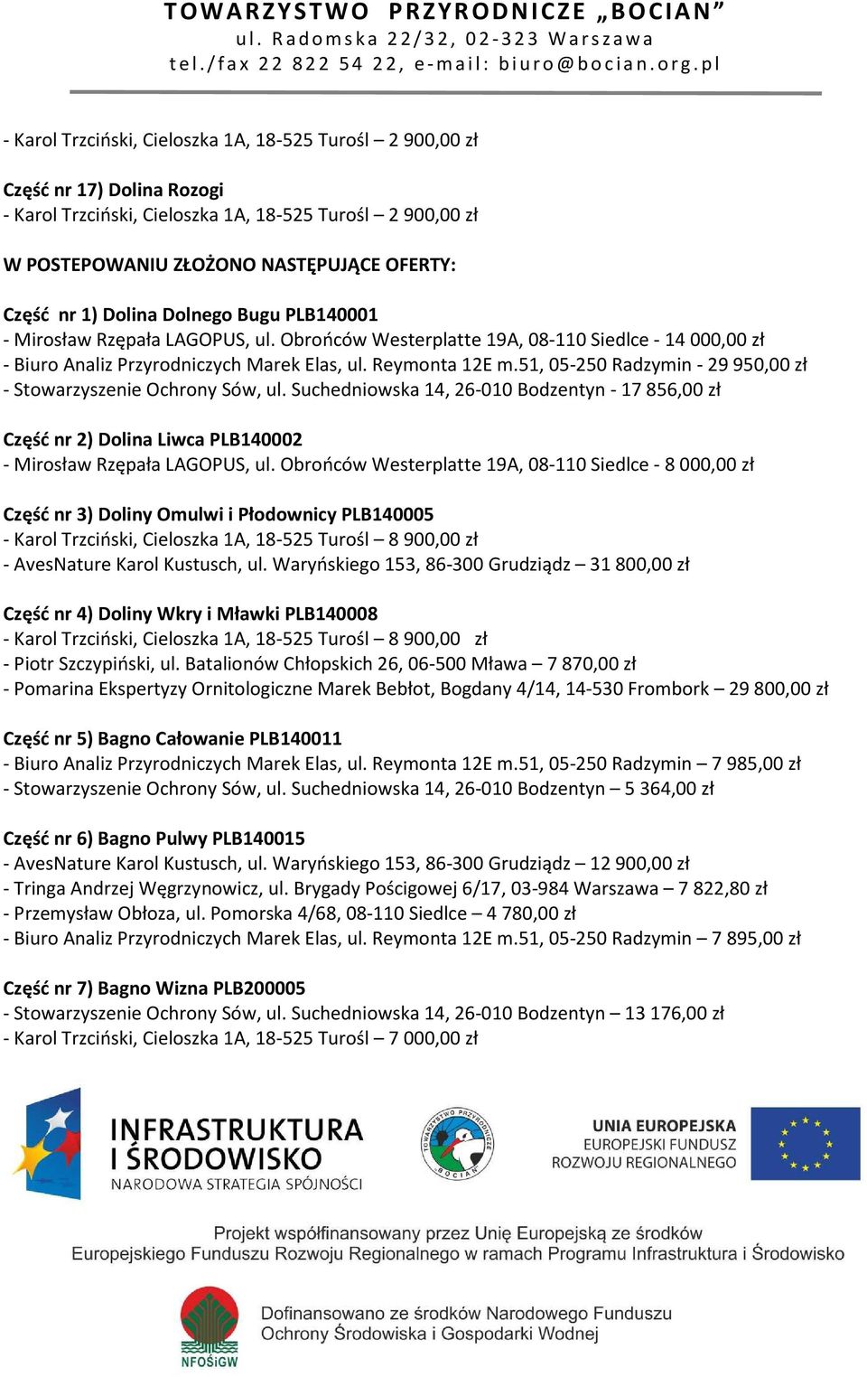 Suchedniowska 14, 26-010 Bodzentyn - 17 856,00 zł Część nr 2) Dolina Liwca PLB140002 - Mirosław Rzępała LAGOPUS, ul.