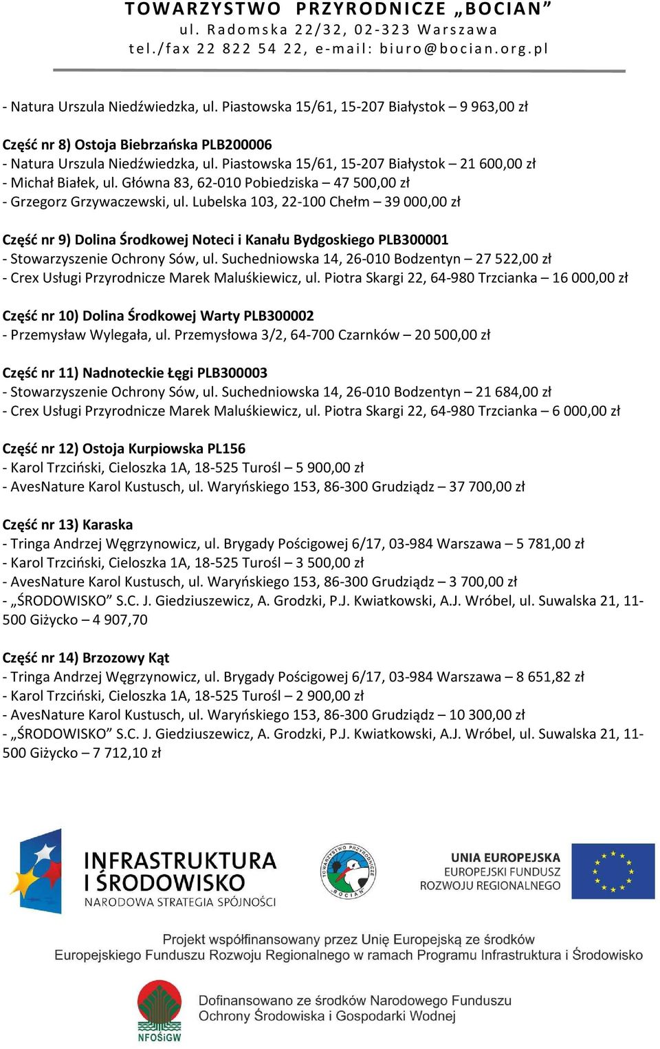 Lubelska 103, 22-100 Chełm 39 000,00 zł Część nr 9) Dolina Środkowej Noteci i Kanału Bydgoskiego PLB300001 - Stowarzyszenie Ochrony Sów, ul.