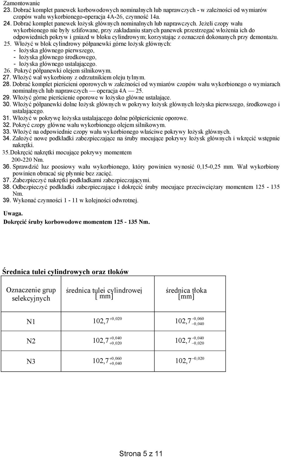 Jeeli czopy wau wykorbionego nie byy szlifowane, przy zakadaniu starych panewek przestrzega woenia ich do odpowiednich pokryw i gniazd w bloku cylindrowym; korzystajc z oznacze dokonanych przy