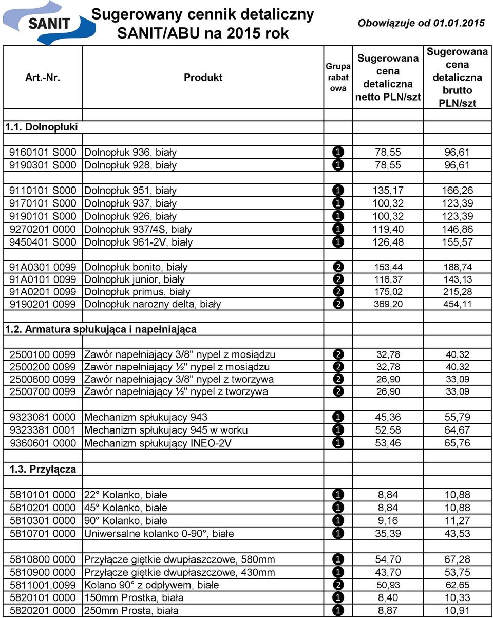 01.2015 Sugerowana cena detaliczna netto PLN/szt Sugerowana cena detaliczna brutto PLN/szt 9160101 S000 Dolnopłuk 936, biały ❶ 78,55 96,61 9190301 S000 Dolnopłuk 928, biały ❶ 78,55 96,61 9110101 S000