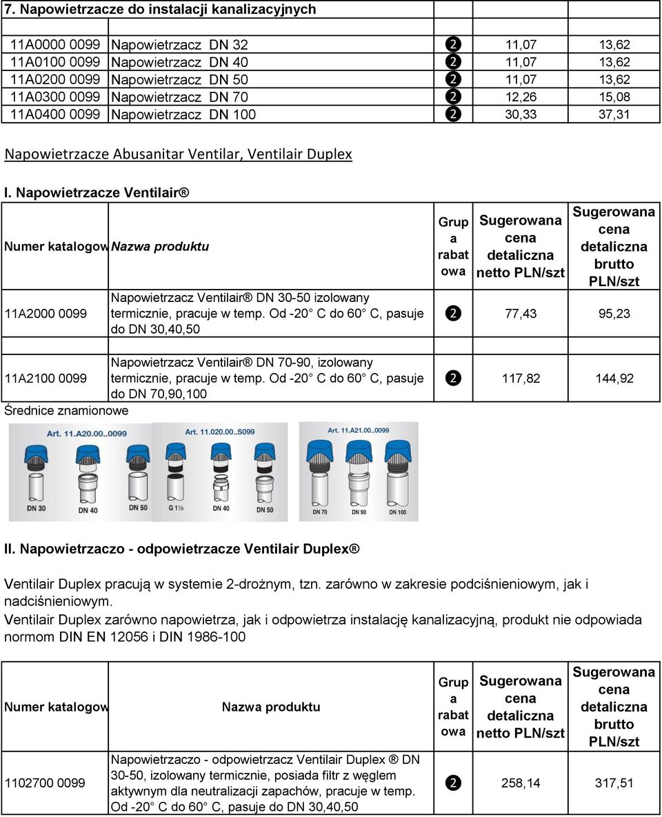 Napowietrzacze Ventilair Numer katalogownazwa produktu 11A2000 0099 Napowietrzacz Ventilair DN 30-50 izolowany termicznie, pracuje w temp.