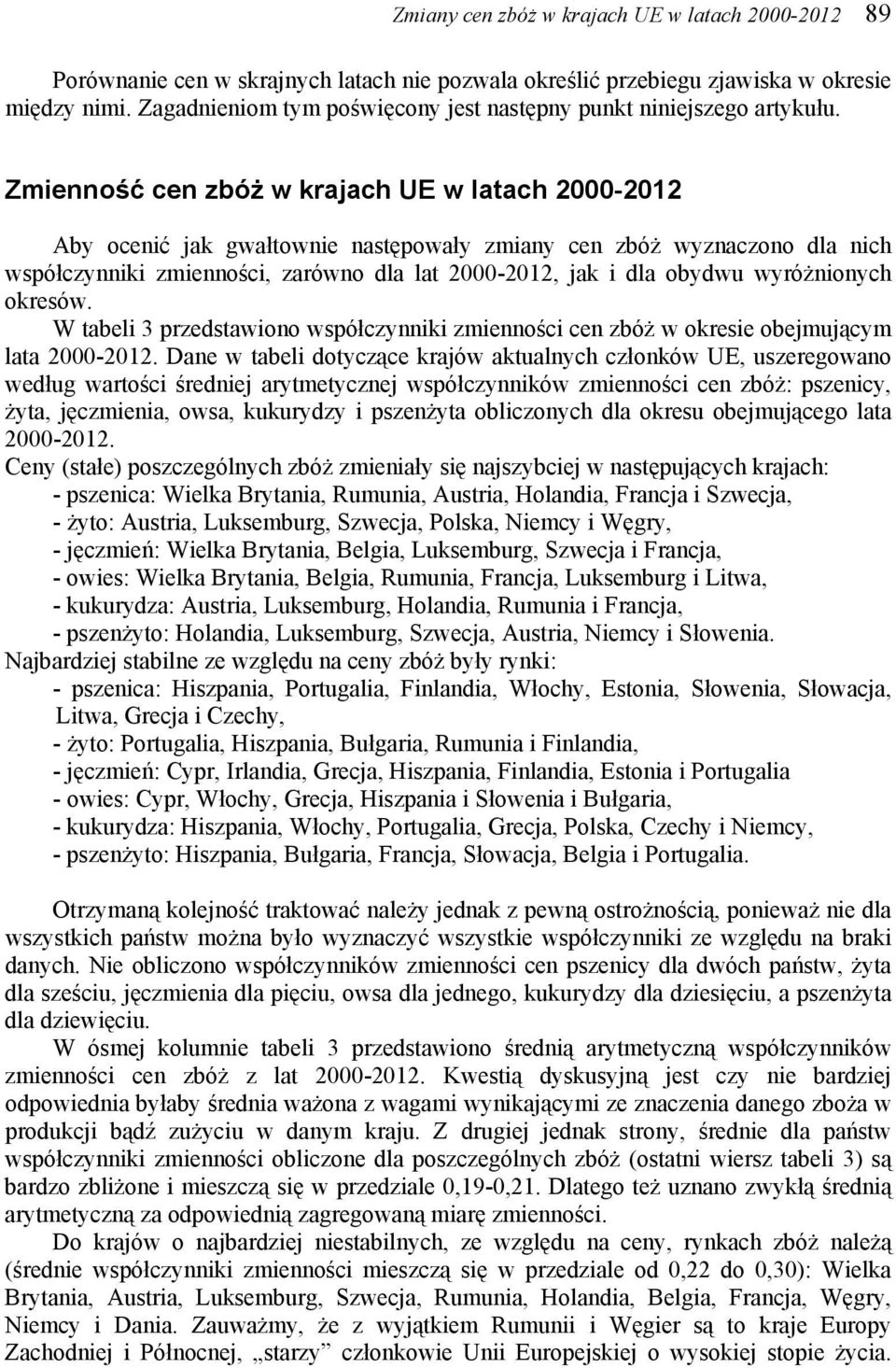 Zmienność cen zbóż w krajach UE w latach 2000-2012 Aby ocenić jak gwałtownie następowały zmiany cen zbóż wyznaczono dla nich współczynniki zmienności, zarówno dla lat 2000-2012, jak i dla obydwu