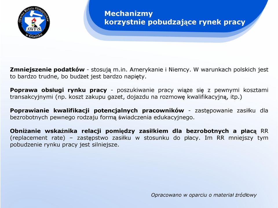 Poprawa obsługi rynku pracy - poszukiwanie pracy wiąŝe się z pewnymi kosztami transakcyjnymi (np. koszt zakupu gazet, dojazdu na rozmowę kwalifikacyjną, itp.