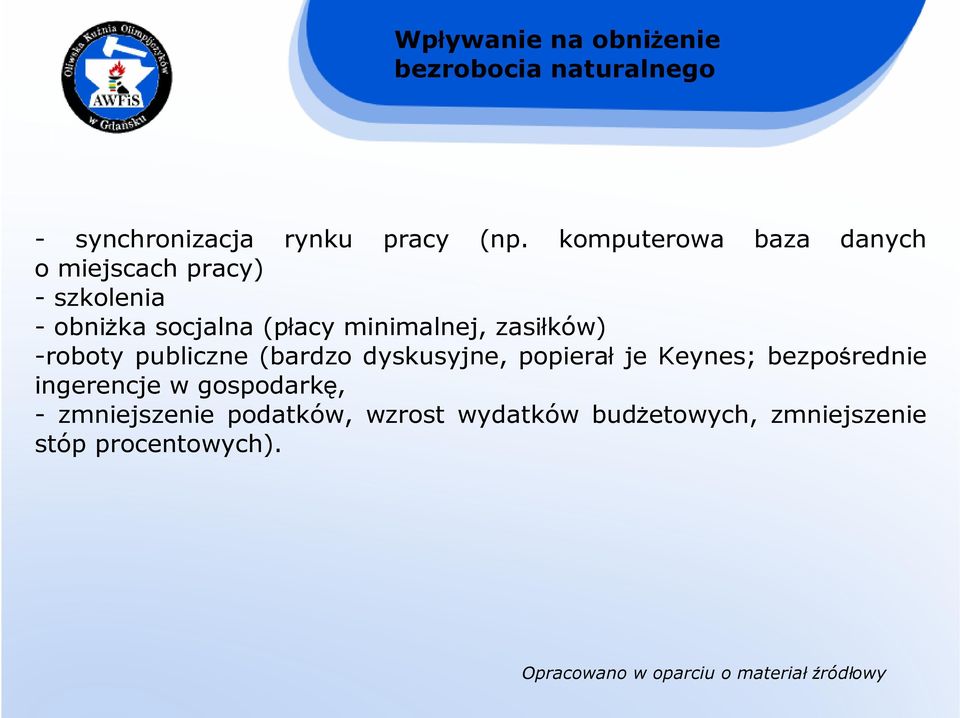 minimalnej, zasiłków) -roboty publiczne (bardzo dyskusyjne, popierał je Keynes;