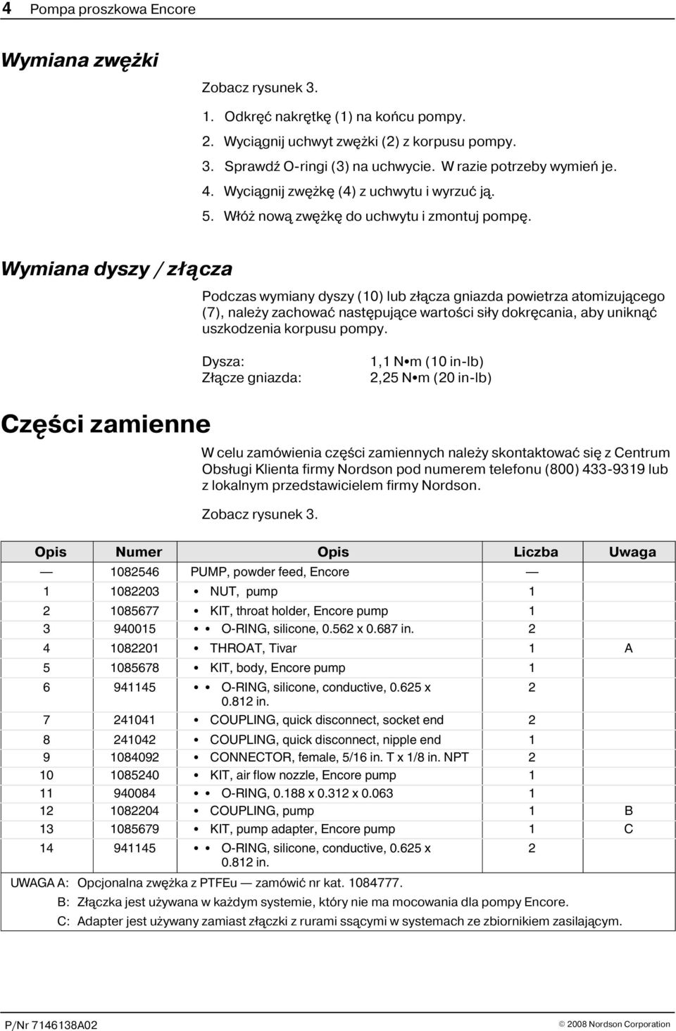 Wymiana dyszy / z³¹cza Podczas wymiany dyszy (10) lub z³¹cza gniazda powietrza atomizuj¹cego (7), nale y zachowaæ nastêpuj¹ce wartoœci si³y dokrêcania, aby unikn¹æ uszkodzenia korpusu pompy.