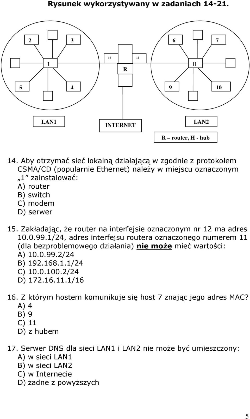 Zakładając, że router na interfejsie oznaczonym nr 12 ma adres 10.0.99.1/24, adres interfejsu routera oznaczonego numerem 11 (dla bezproblemowego działania) nie może mieć wartości: A) 10.0.99.2/24 B) 192.