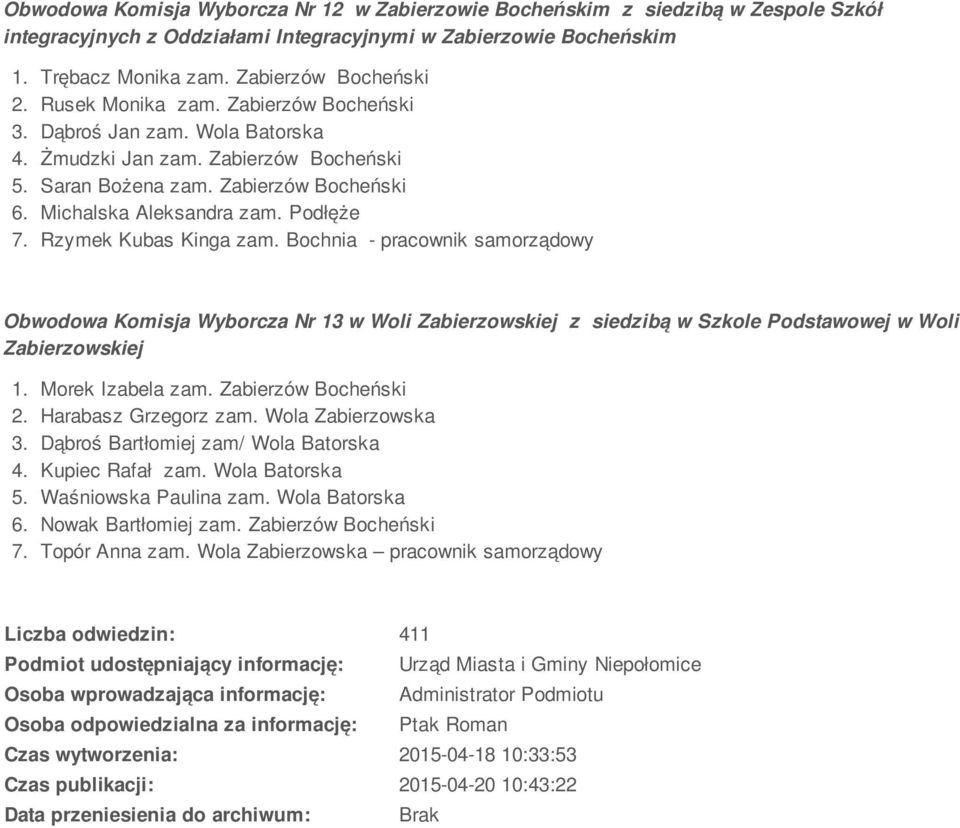 Rzymek Kubas Kinga zam. Bochnia - pracownik samorządowy Obwodowa Komisja Wyborcza Nr 3 w Woli Zabierzowskiej z siedzibą w Szkole Podstawowej w Woli Zabierzowskiej. Morek Izabela zam.