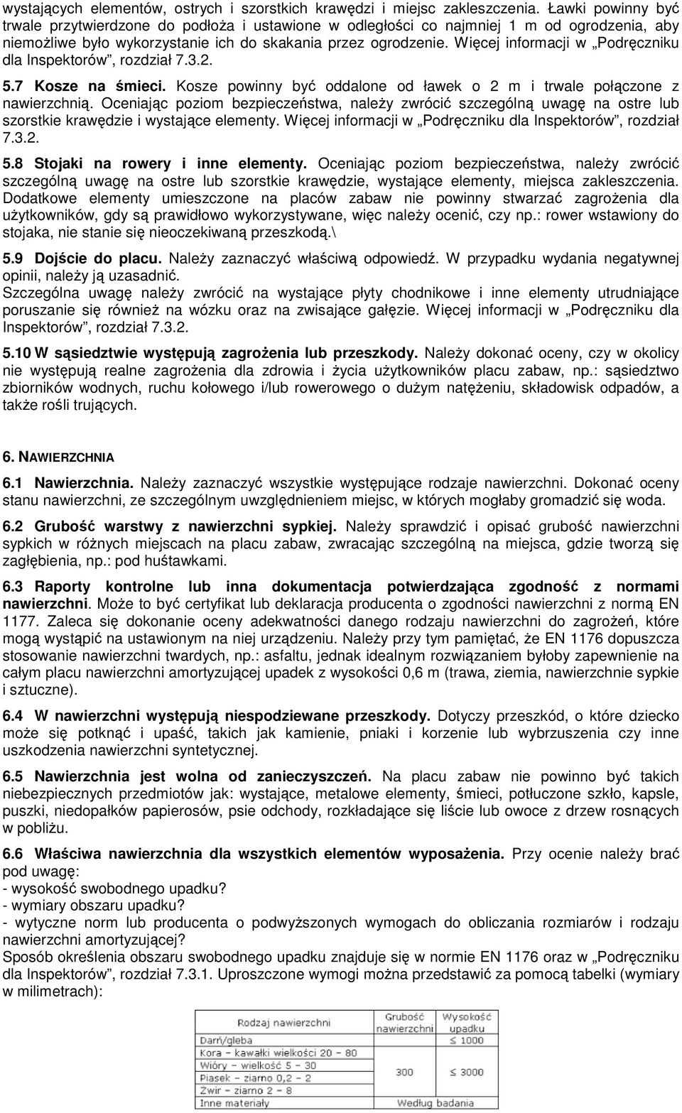 Więcej informacji w Podręczniku dla Inspektorów, rozdział 7.3.2. 5.7 Kosze na śmieci. Kosze powinny być oddalone od ławek o 2 m i trwale połączone z nawierzchnią.