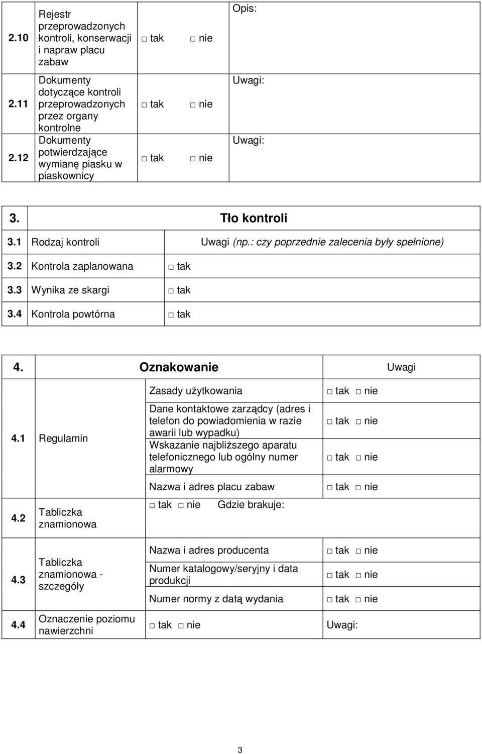 : czy poprzednie zalecenia były spełnione) 3.2 Kontrola zaplanowana 3.3 Wynika ze skargi 3.4 Kontrola powtórna 4. Oznakowanie Uwagi 4.1 Regulamin 4.