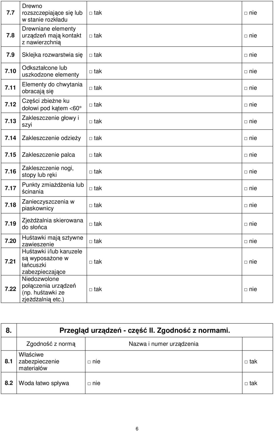 16 Zakleszczenie nogi, stopy lub ręki 7.17 Punkty zmiażdżenia lub ścinania 7.18 Zanieczyszczenia w piaskownicy 7.19 Zjeżdżalnia skierowana do słońca 7.20 7.21 7.