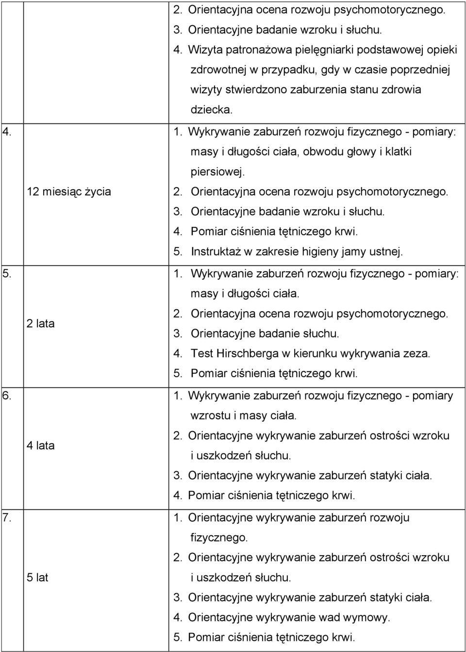 Instruktaż w zakresie higieny jamy ustnej. masy i długości ciała. 2. Orientacyjna ocena rozwoju psychomotorycznego. 3. Orientacyjne badanie słuchu. 4. Test Hirschberga w kierunku wykrywania zeza. 5.