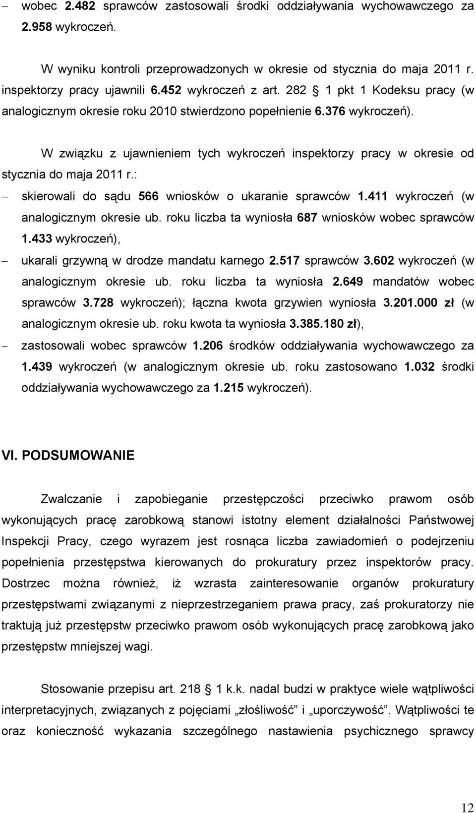 W związku z ujawnieniem tych wykroczeń inspektorzy pracy w okresie od stycznia do maja 2011 r.: skierowali do sądu 566 wniosków o ukaranie sprawców 1.411 wykroczeń (w analogicznym okresie ub.