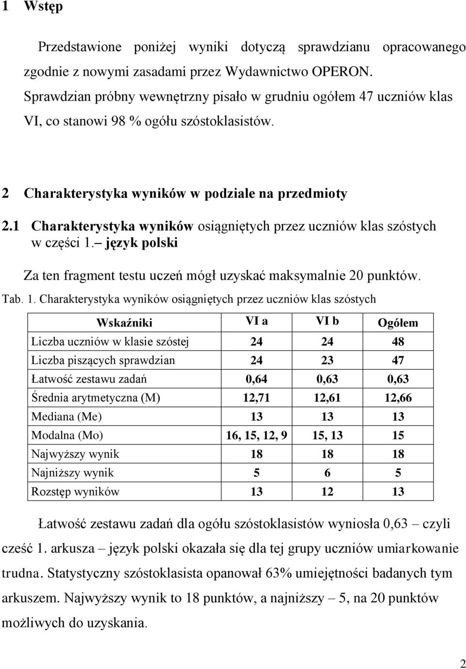 1 Charakterystyka wyników osiągniętych przez uczniów klas szóstych w części 1.