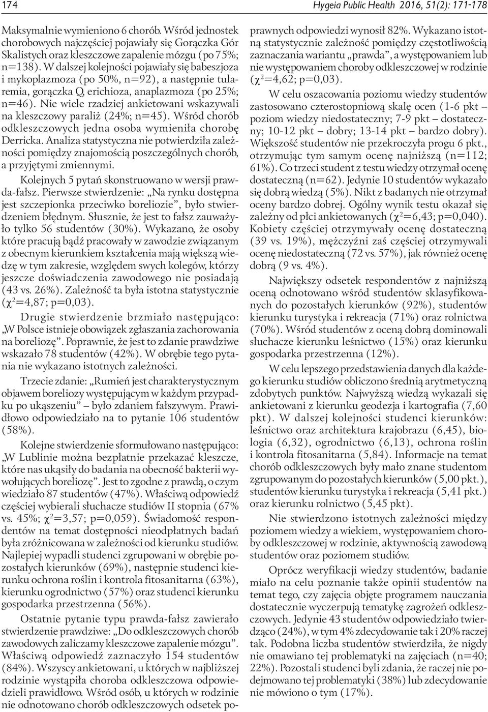 W dalszej kolejności pojawiały się babeszjoza i mykoplazmoza (po 50%, n=92), a następnie tularemia, gorączka Q, erichioza, anaplazmoza (po 25%; n=46).