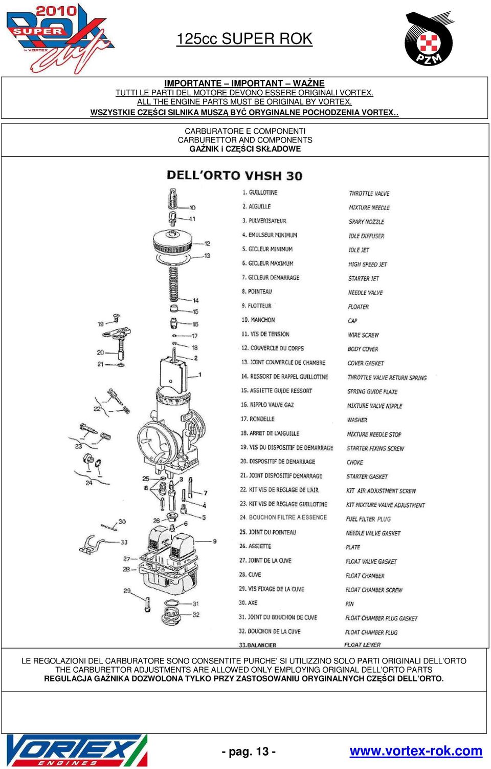 CARBURATORE SONO CONSENTITE PURCHE SI UTILIZZINO SOLO PARTI ORIGINALI DELL ORTO THE CARBURETTOR ADJUSTMENTS