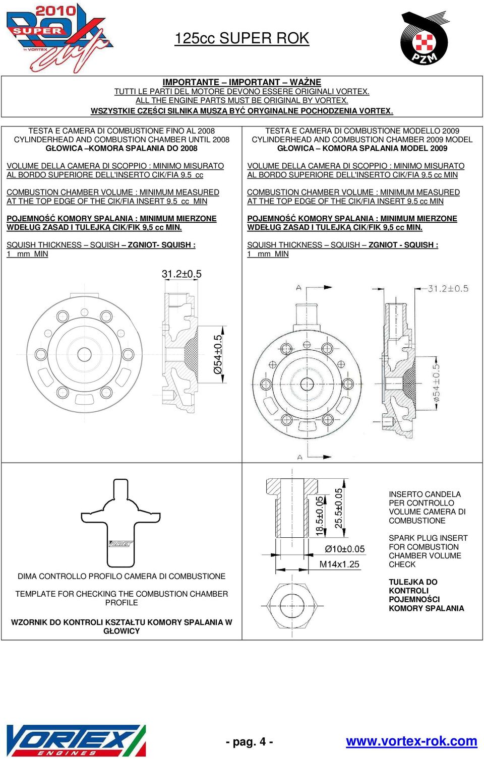 DELL'INSERTO CIK/FIA 9.5 cc COMBUSTION CHAMBER VOLUME : MINIMUM MEASURED AT THE TOP EDGE OF THE CIK/FIA INSERT 9.