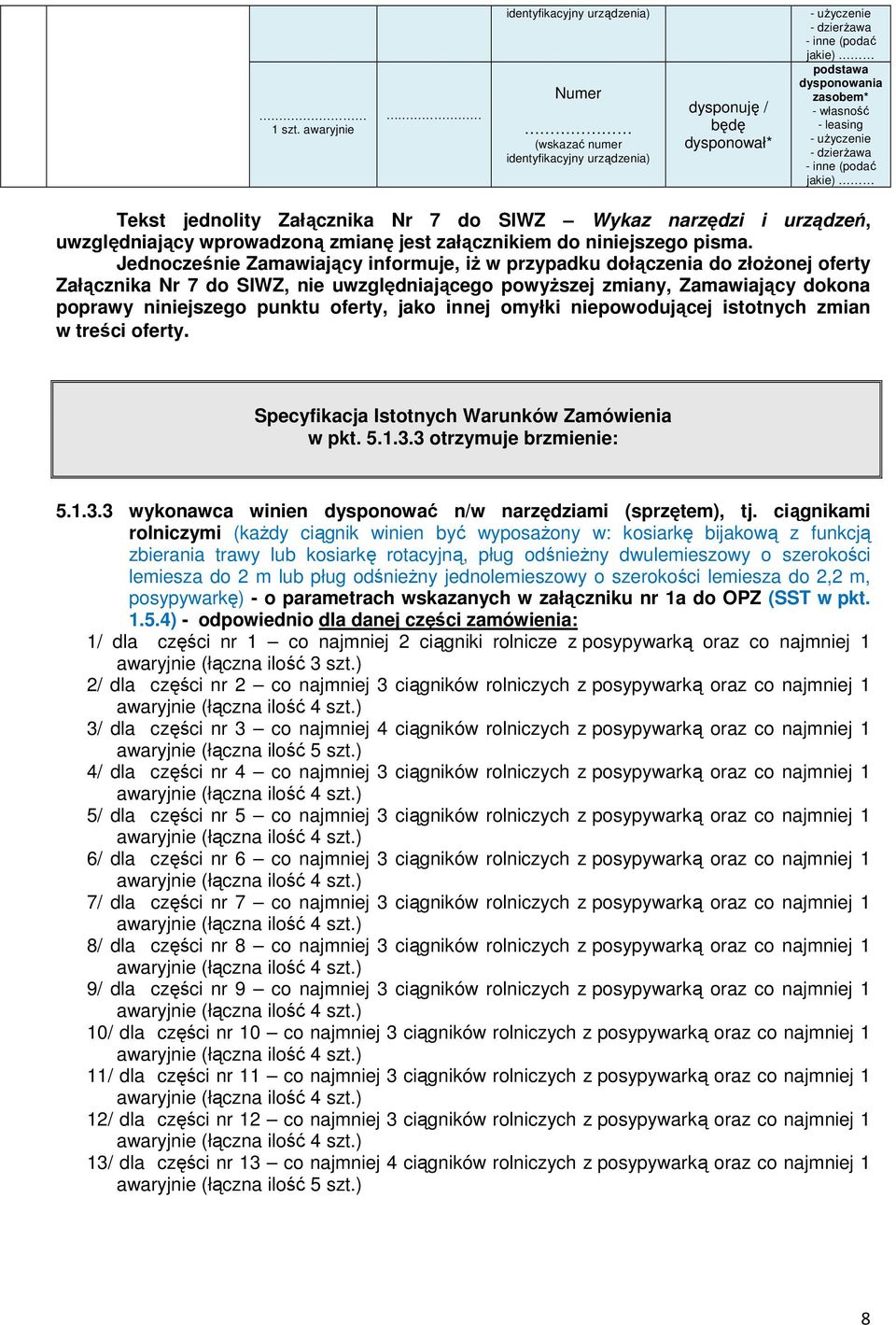 jako innej omyłki niepowodującej istotnych zmian w treści oferty. Specyfikacja Istotnych Warunków Zamówienia w pkt. 5.1.3.3 otrzymuje brzmienie: 5.1.3.3 wykonawca winien dysponować n/w narzędziami (sprzętem), tj.