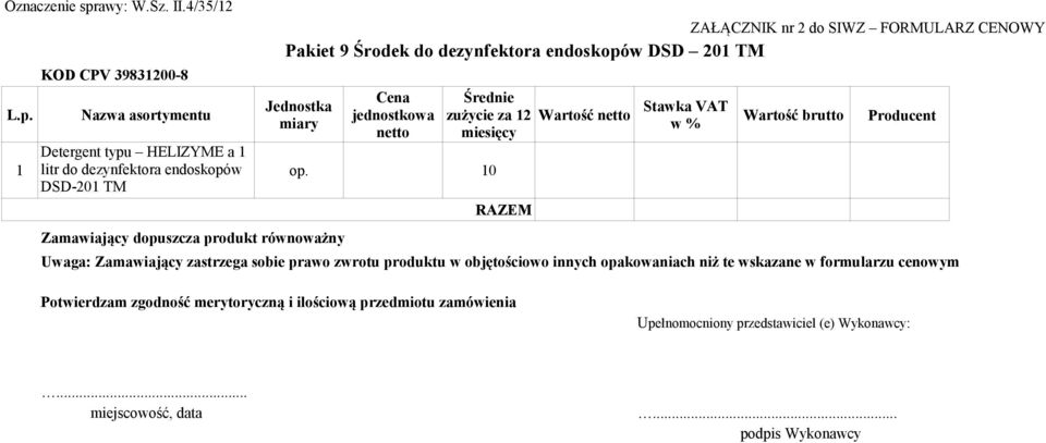 KOD CPV 39831200-8 Cena Średnie Jednostka Stawka VAT jednostkowa zużycie za 12 Wartość netto miary w % netto