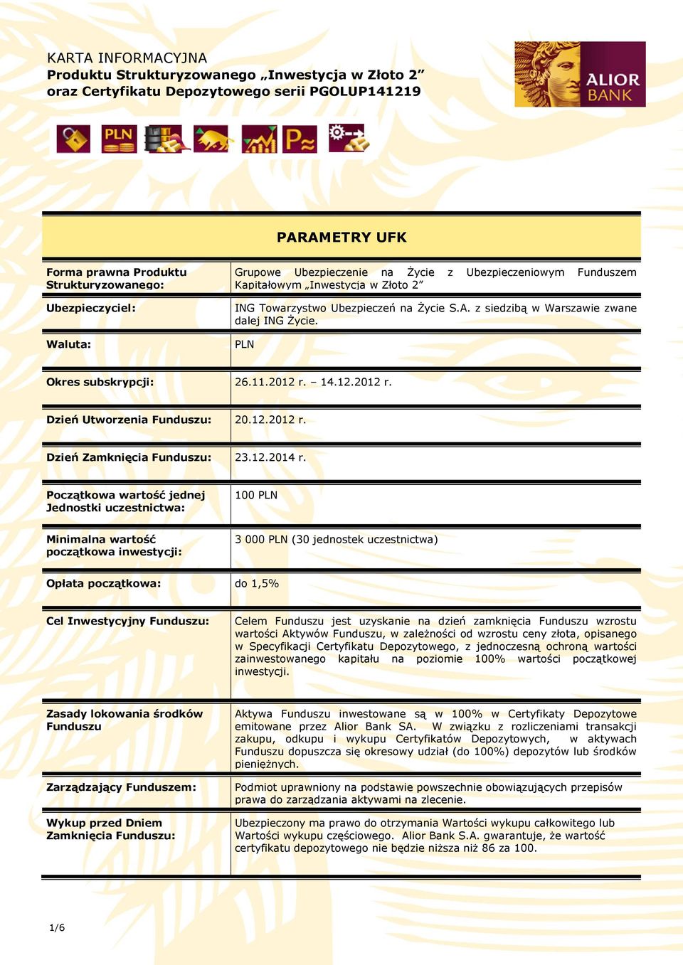 PLN Okres subskrypcji: 26.11.2012 r. 14.12.2012 r. Dzień Utworzenia Funduszu: 20.12.2012 r. Dzień Zamknięcia Funduszu: 23.12.2014 r.