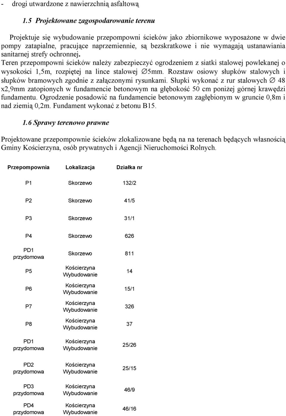 ustanawiania sanitarnej strefy ochronnej. Teren przepompowni ścieków należy zabezpieczyć ogrodzeniem z siatki stalowej powlekanej o wysokości 1,5m, rozpiętej na lince stalowej 5mm.