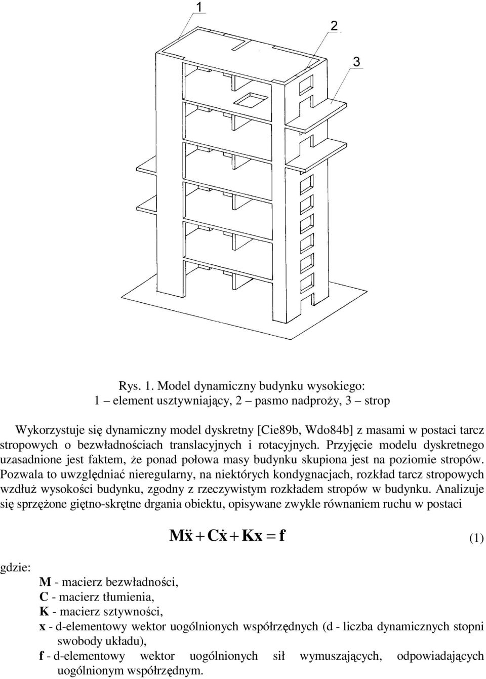 bezwładnościach translacyjnych i rotacyjnych. Przyjęcie modelu dyskretnego uzasadnione jest faktem, Ŝe ponad połowa masy budynku skupiona jest na poziomie stropów.