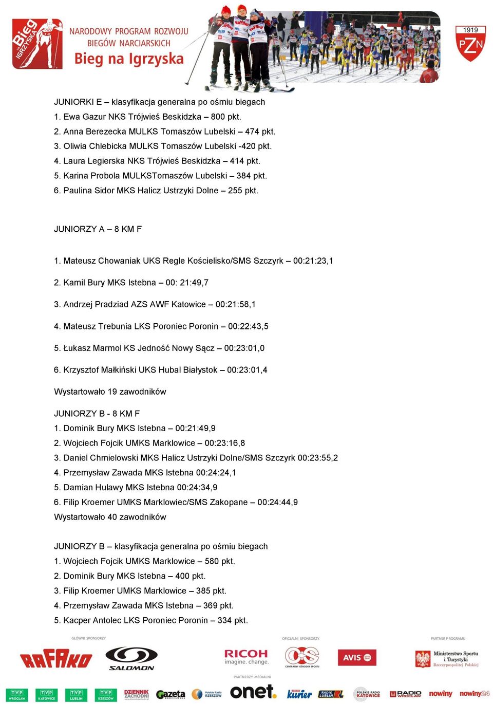 Mateusz Chowaniak UKS Regle Kościelisko/SMS Szczyrk 00:21:23,1 2. Kamil Bury MKS Istebna 00: 21:49,7 3. Andrzej Pradziad AZS AWF Katowice 00:21:58,1 4.