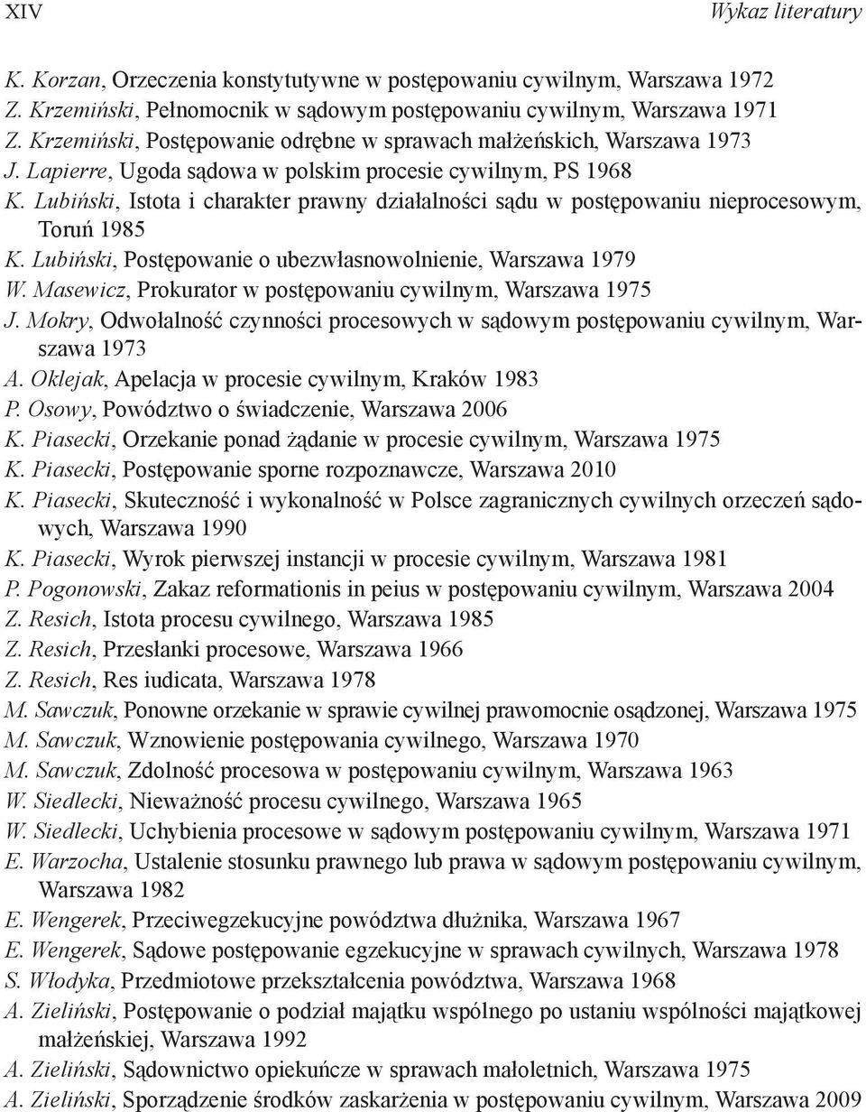 Lubiński, Istota i charakter prawny działalności sądu w postępowaniu nieprocesowym, Toruń 1985 K. Lubiński, Postępowanie o ubezwłasnowolnienie, Warszawa 1979 W.