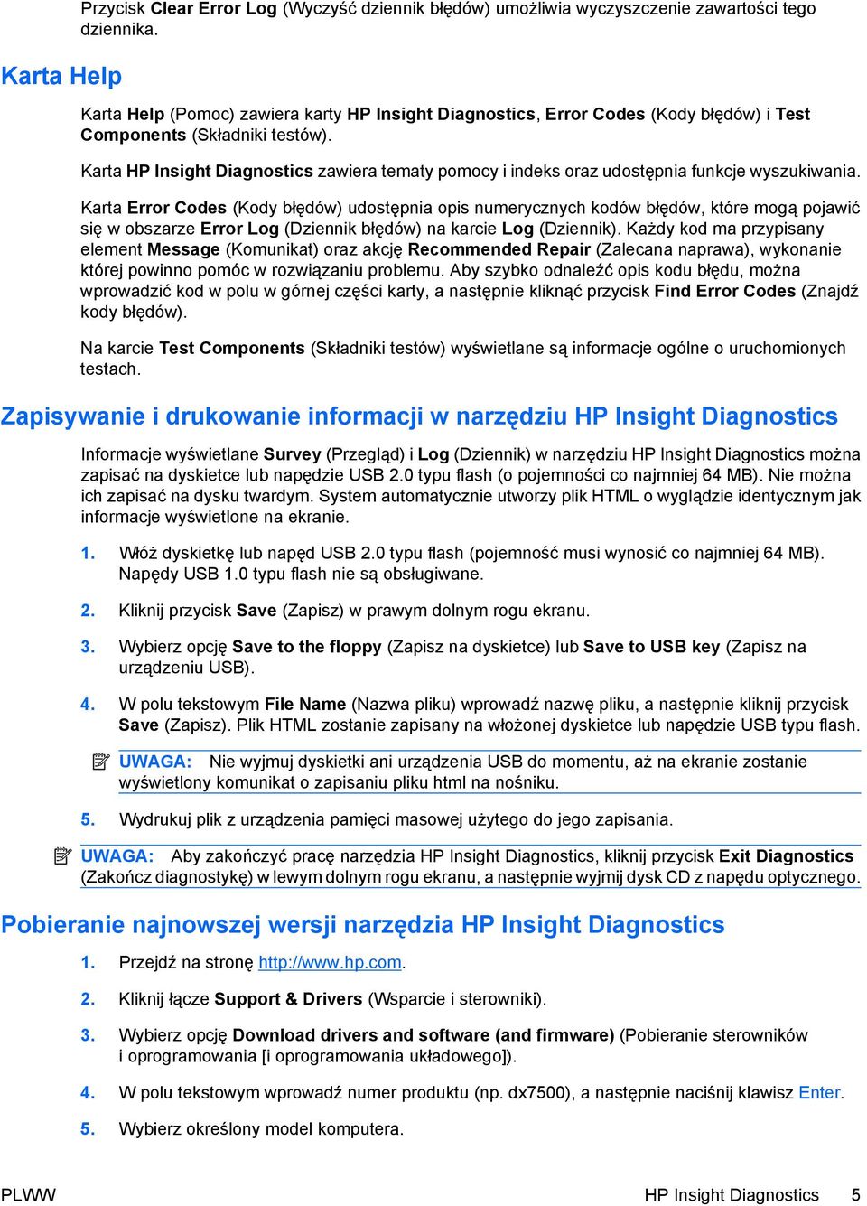 Karta HP Insight Diagnostics zawiera tematy pomocy i indeks oraz udostępnia funkcje wyszukiwania.