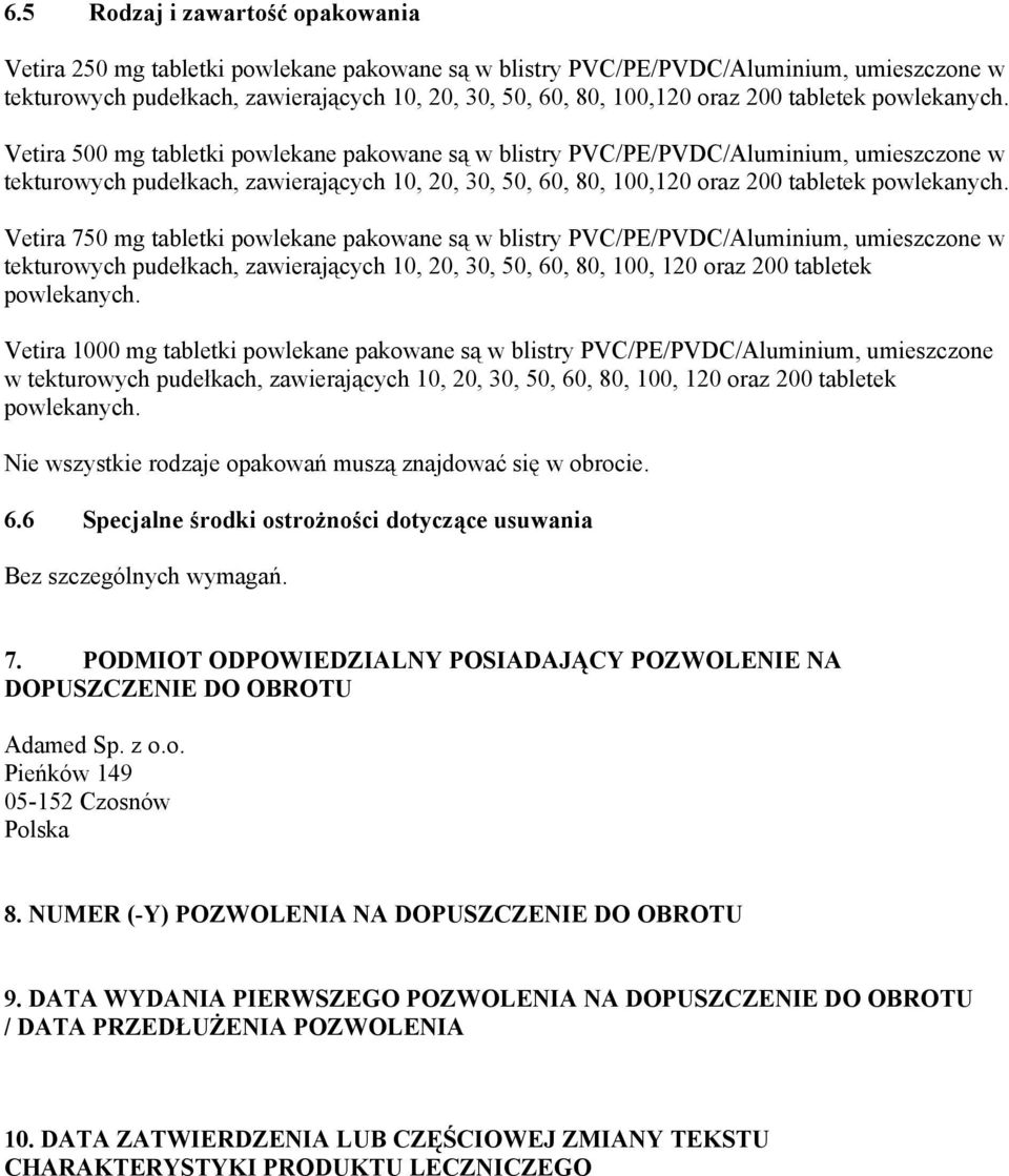 Vetira 500 mg tabletki powlekane pakowane są w blistry PVC/PE/PVDC/Aluminium, umieszczone w tekturowych pudełkach, zawierających 10, 20, 30, 50, 60, 80, 100,120 oraz  Vetira 750 mg tabletki powlekane