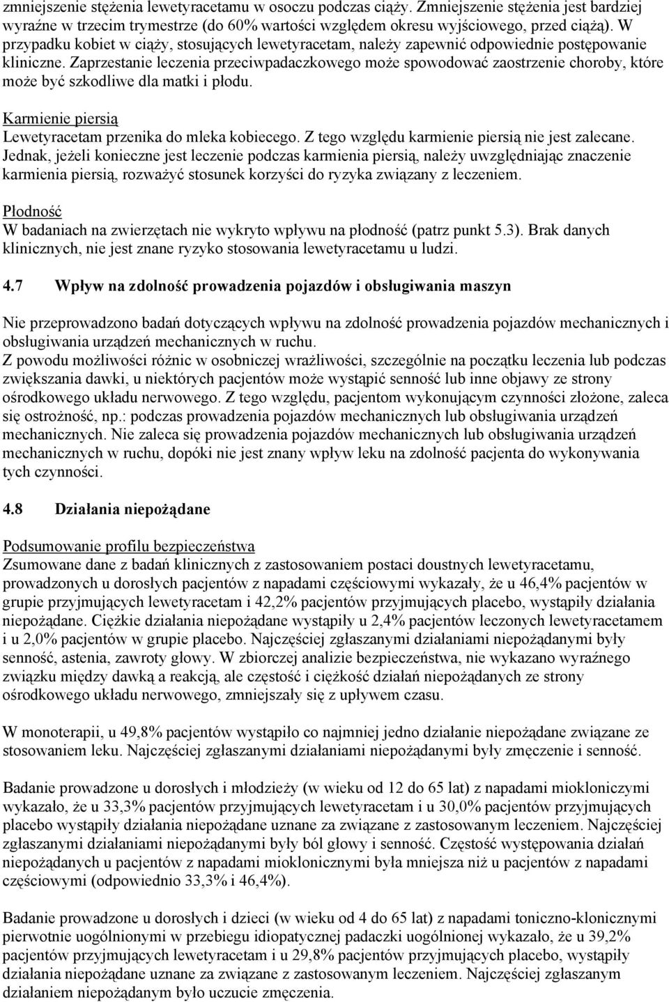 Zaprzestanie leczenia przeciwpadaczkowego może spowodować zaostrzenie choroby, które może być szkodliwe dla matki i płodu. Karmienie piersią Lewetyracetam przenika do mleka kobiecego.