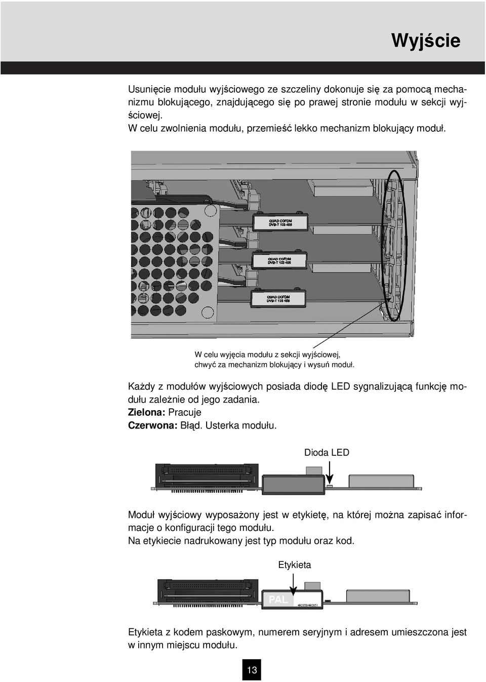 KaŜdy z modułów wyjściowych posiada diodę LED sygnalizującą funkcję modułu zaleŝnie od jego zadania. Zielona: Pracuje Czerwona: Błąd. Usterka modułu.