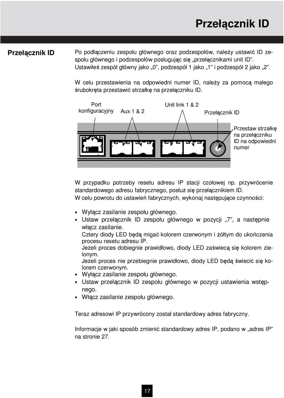 Port konfiguracyjny Aux 1 & 2 Unit link 1 & 2 Przełącznik ID Przestaw strzałkę na przełączniku ID na odpowiedni numer W przypadku potrzeby resetu adresu IP stacji czołowej np.