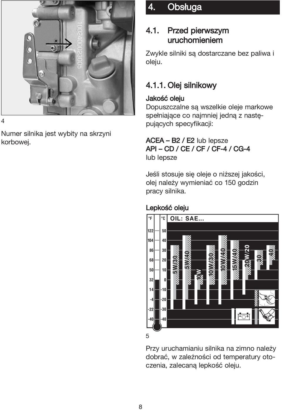 1. Olej silnikowy Jakość oleju Dopuszczalne są wszelkie oleje markowe spełniające co najmniej jedną z następujących specyfikacji: ACEA B2 / E2 lub lepsze API CD / CE / CF /