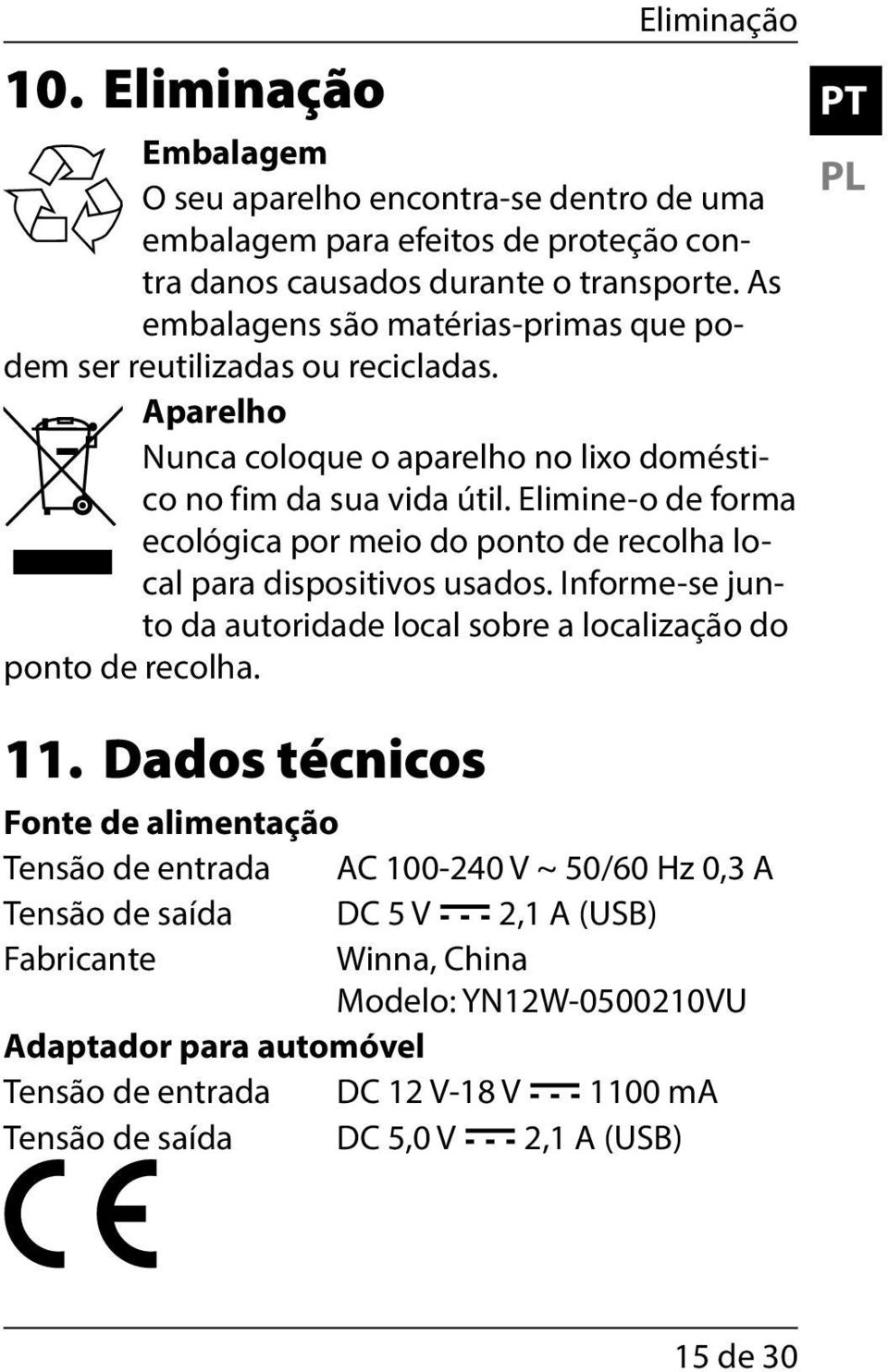 Elimine-o de forma ecológica por meio do ponto de recolha local para dispositivos usados. Informe-se junto da autoridade local sobre a localização do ponto de recolha. PT PL 11.