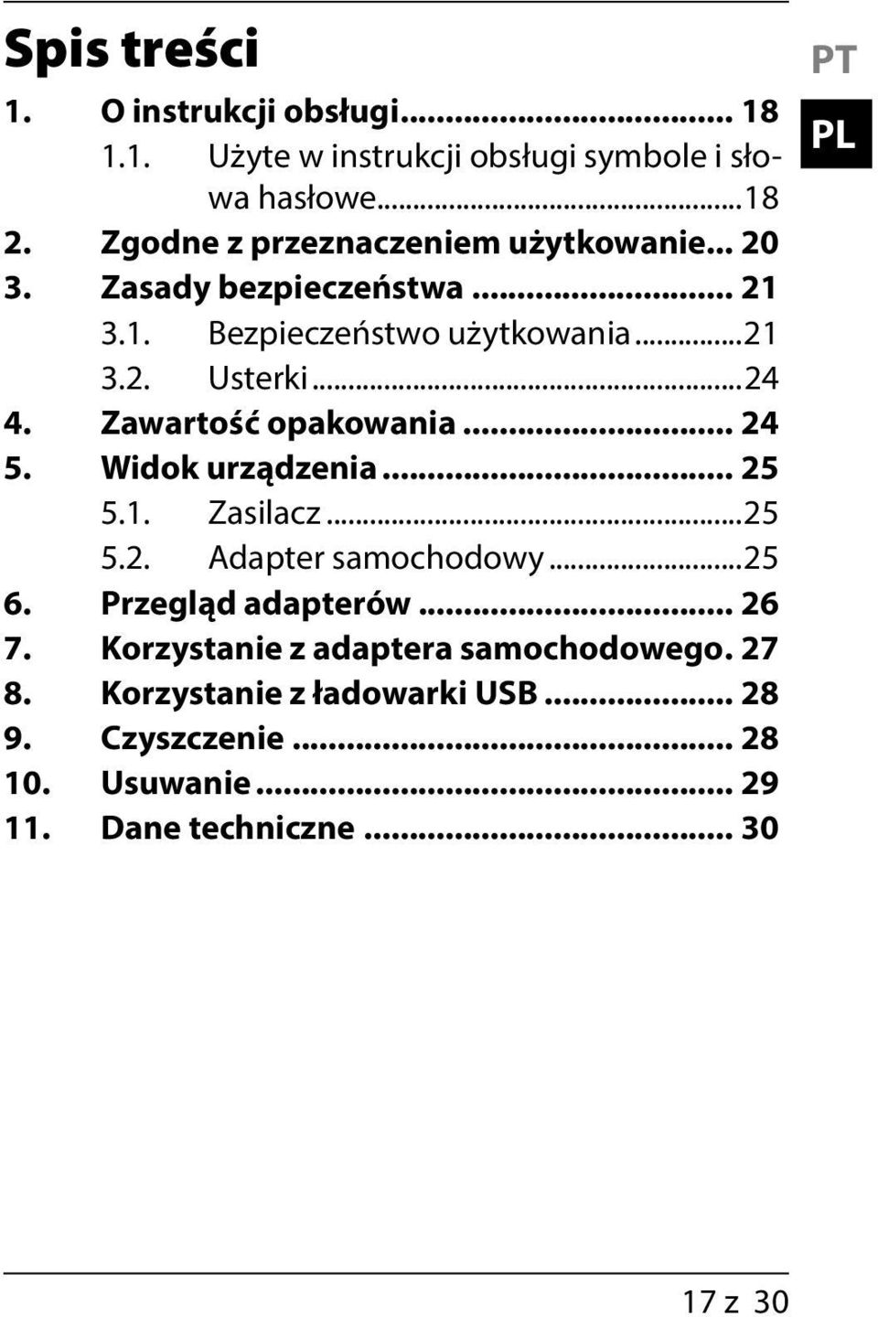 Zawartość opakowania... 24 5. Widok urządzenia... 25 5.1. Zasilacz...25 5.2. Adapter samochodowy...25 6. Przegląd adapterów... 26 7.