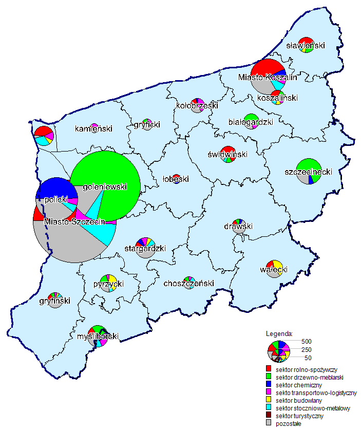 Wyniki dla wyłonionych sektorów Wielkość i struktura sektorowa eksportu w powiatach województwa zachodniopomorskiego (kolorami