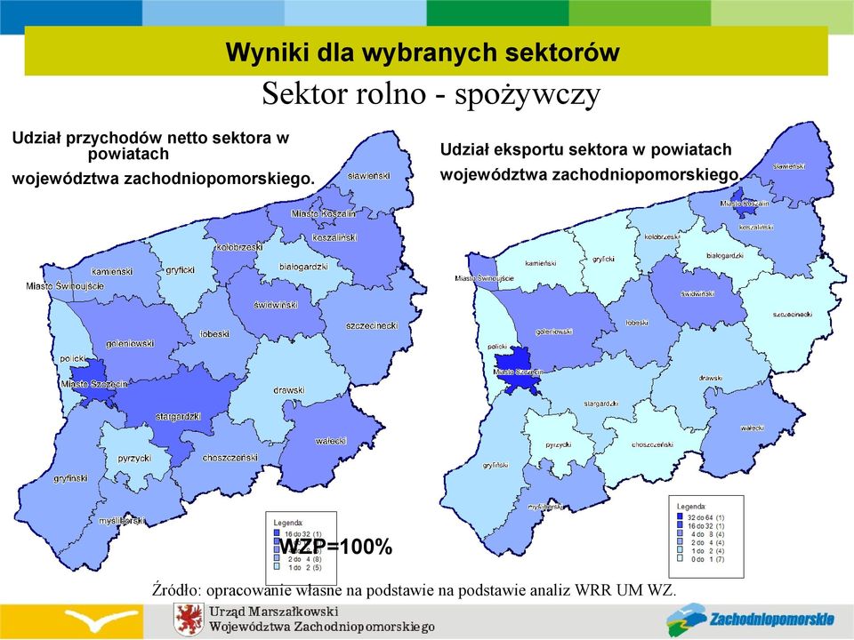 Udział eksportu sektora w powiatach województwa zachodniopomorskiego.