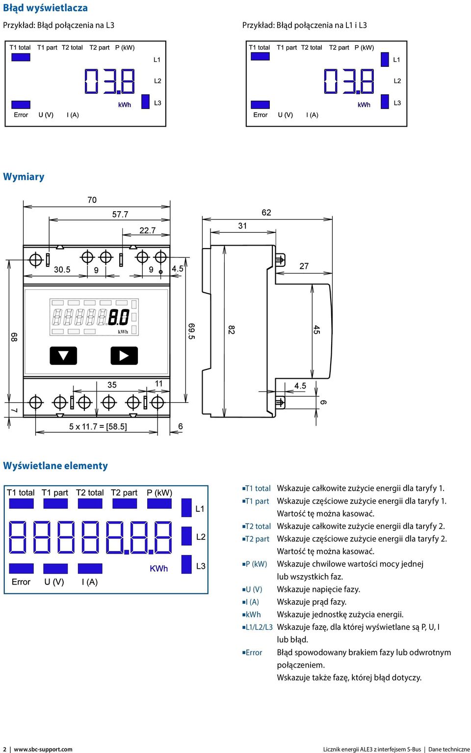 T2 total Wskazuje całkowite zużycie energii dla taryfy 2. T2 part Wskazuje częściowe zużycie energii dla taryfy 2. tę można kasować. P (kw) Wskazuje chwilowe wartości mocy jednej lub wszystkich faz.