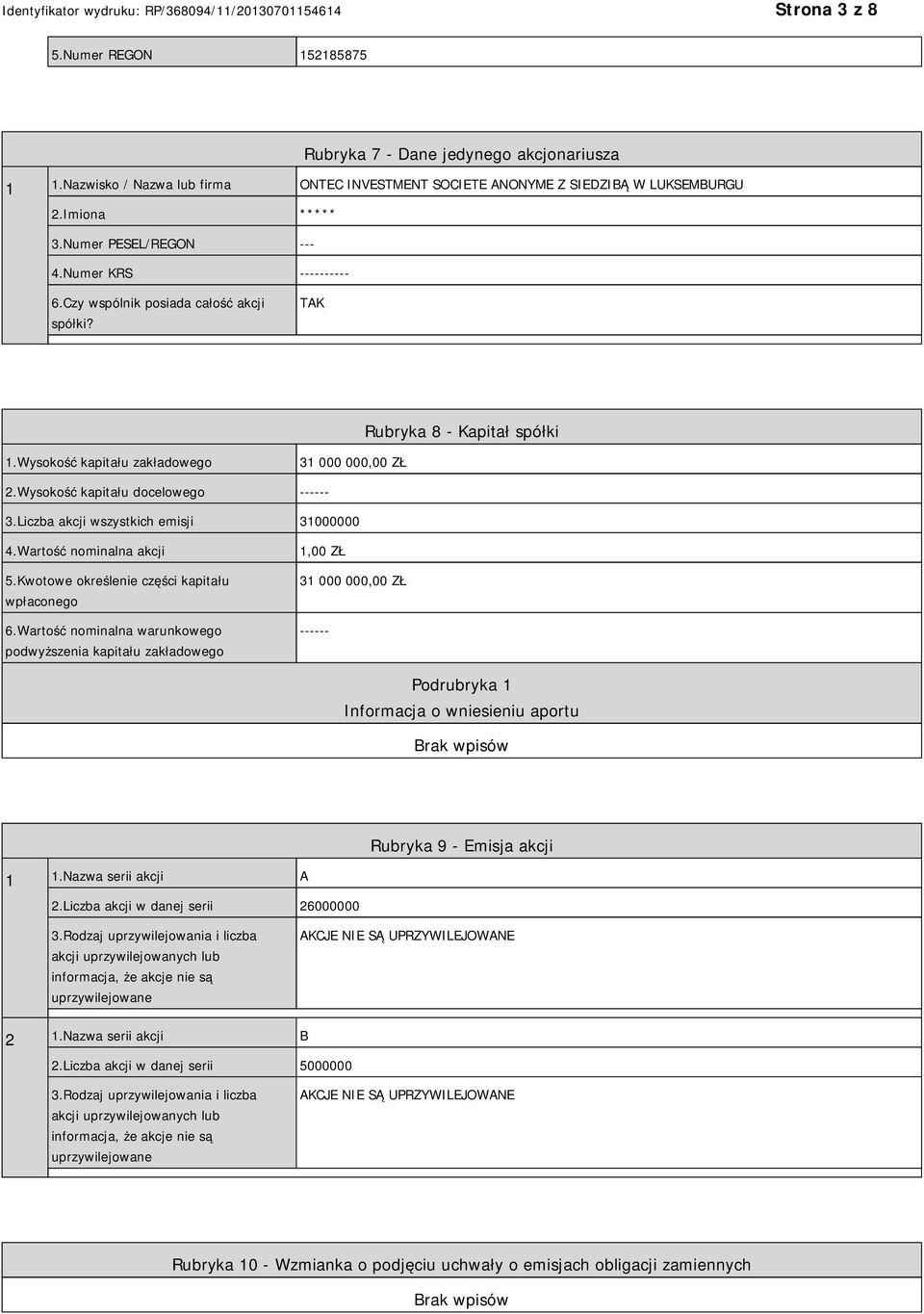 Liczba akcji wszystkich emisji 31000000 4.Wartość nominalna akcji 5.Kwotowe określenie części kapitału wpłaconego 6.