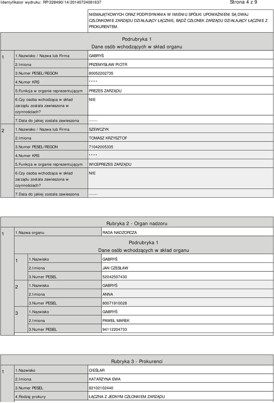 Czy osoba wchodząca w skład zarządu została zawieszona w czynnościach? PREZES ZARZĄDU 7.Data do jakiej została zawieszona ------ 2 1.Nazwisko / Nazwa lub Firma SZEWCZYK TOMASZ KRZYSZTOF 3.