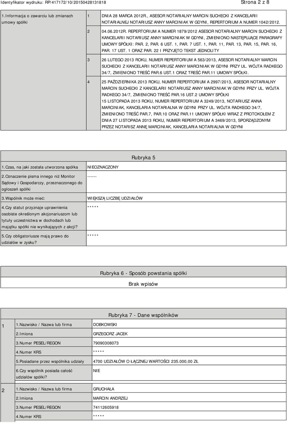 REPERTORIUM A NUMER 1879/2012 ASESOR NOTARIALNY MARCIN SUCHECKI Z KANCELARII NOTARIUSZ ANNY MARCINIAK W GDYNI, ZMIENIONO NASTĘPUJĄCE PARAGRAFY UMOWY SPÓŁKI: PAR. 2, PAR. 6 UST. 1, PAR. 7 UST. 1, PAR. 11, PAR.