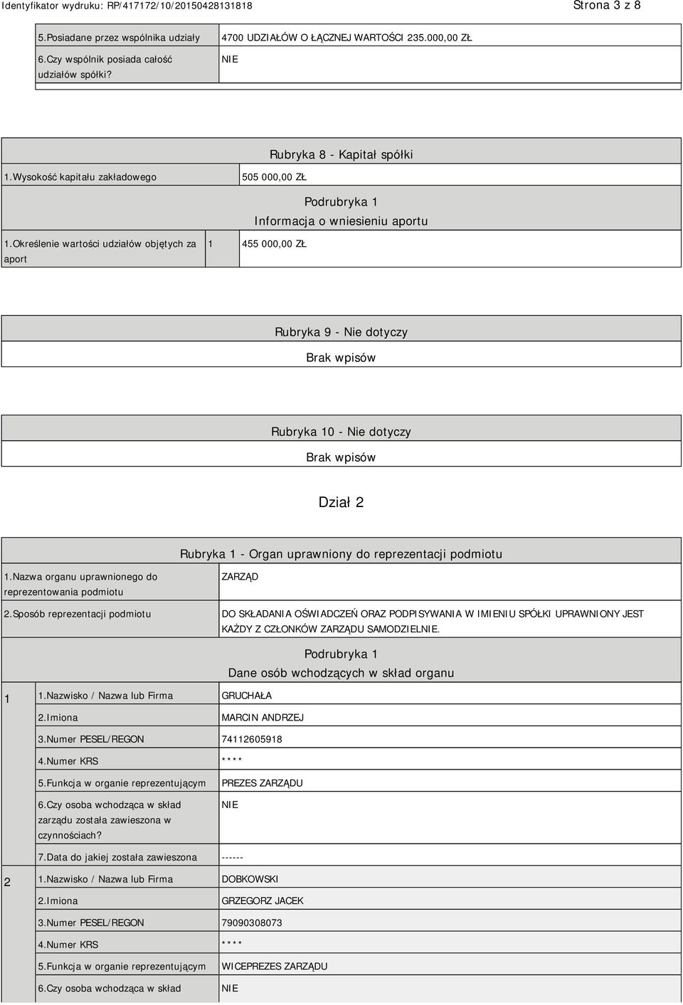 Określenie wartości udziałów objętych za aport 1 455 000,00 ZŁ Rubryka 9 - Nie dotyczy Rubryka 10 - Nie dotyczy Dział 2 Rubryka 1 - Organ uprawniony do reprezentacji podmiotu 1.
