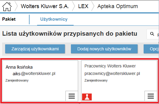 Zarządzanie listą użytkowników danego pakietu Po kliknięciu na wybrany pakiet administrator zobaczy listę użytkowników.