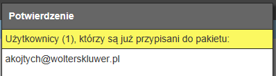 Dodawanie użytkowników do pakietu c.d. Przed dodaniem nowego użytkownika program: zapyta o to czy administrator chce automatycznie wysłać nowemu użytkownikowi powiadomienie o dodaniu do licencji;