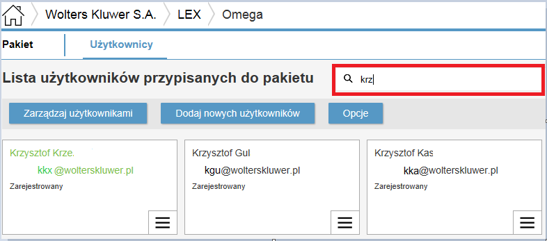 Wyszukiwanie użytkowników pakietu Jeśli do pakietu przypisanych jest wielu użytkowników administrator licencji może skorzystać z wyszukiwarki.