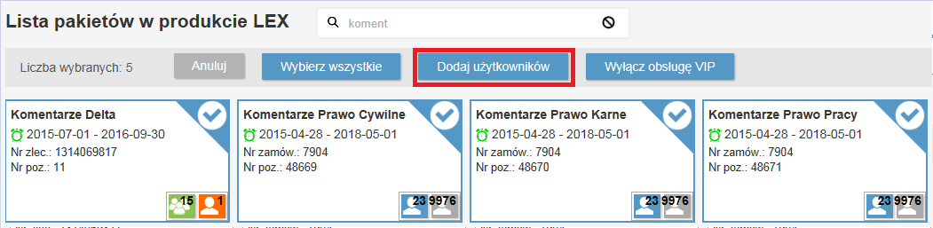 Masowe dodawanie użytkowników do pakietów c.d. Klikając na Wybierz wszystkie na pasku narzędzi możemy jednym kliknięciem zaznaczyć wszystkie, a jeśli trzeba odznaczyć pojedyncze niepotrzebne.